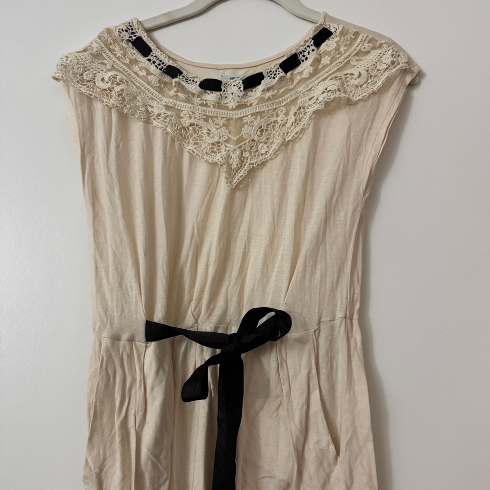 Kimchi Blue Cream Tunic with Lace and Black Ribbon Bow Tie